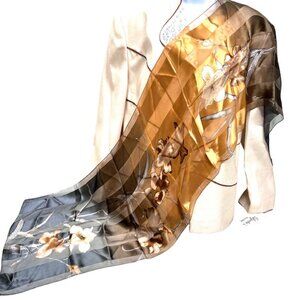 Vintage Arts Of Silk 100% silk chiffon 58"x15" gray black gold flroal stripe (70